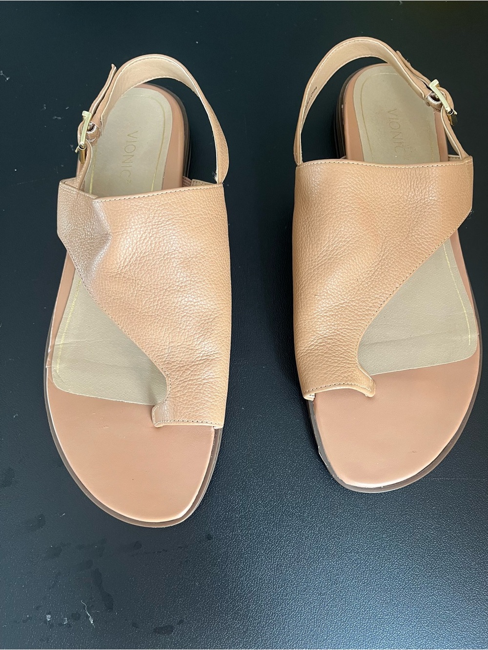 Vionic Beige/Tan Leather Asymmetric Slingback Sandals